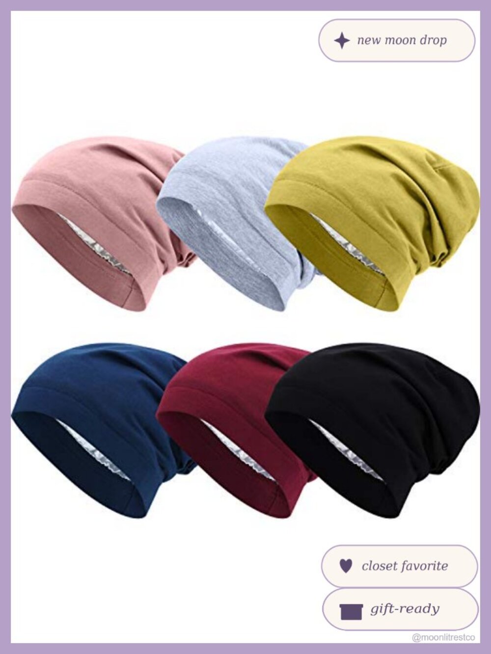 Satin Lined Sleep Cap Beanie - 6 Pack Bamboo Viscose Night Hair Protection